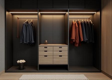 Modular open-concept closet system for hotel rooms with copper hardware
